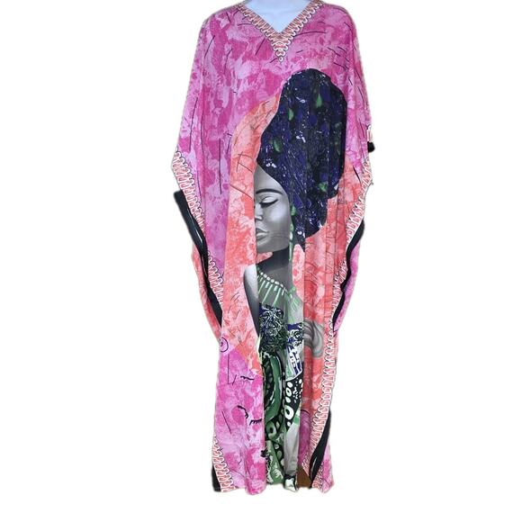 Nwt Goddess By Winlar Pink And Color African Woman Print Kaftan One Size - Picture 1 of 5